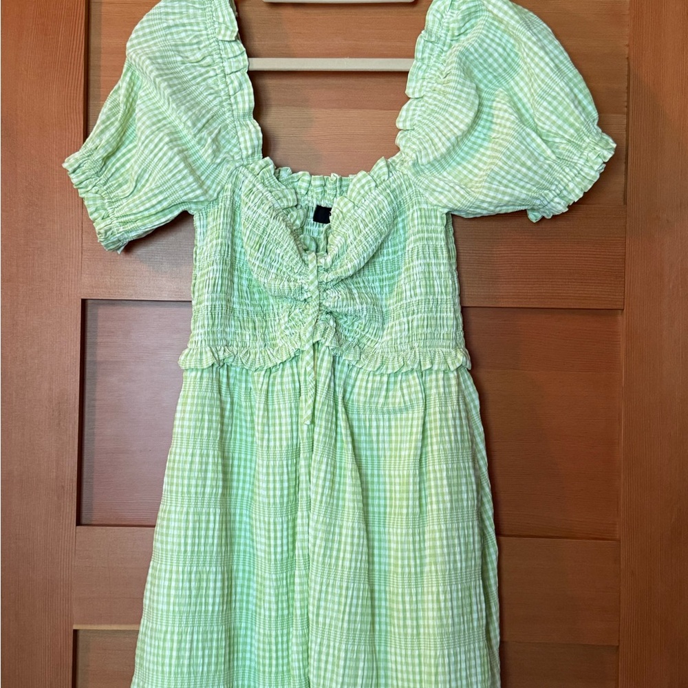 Womens Light Green Gingham Puff-Sleeve Dress